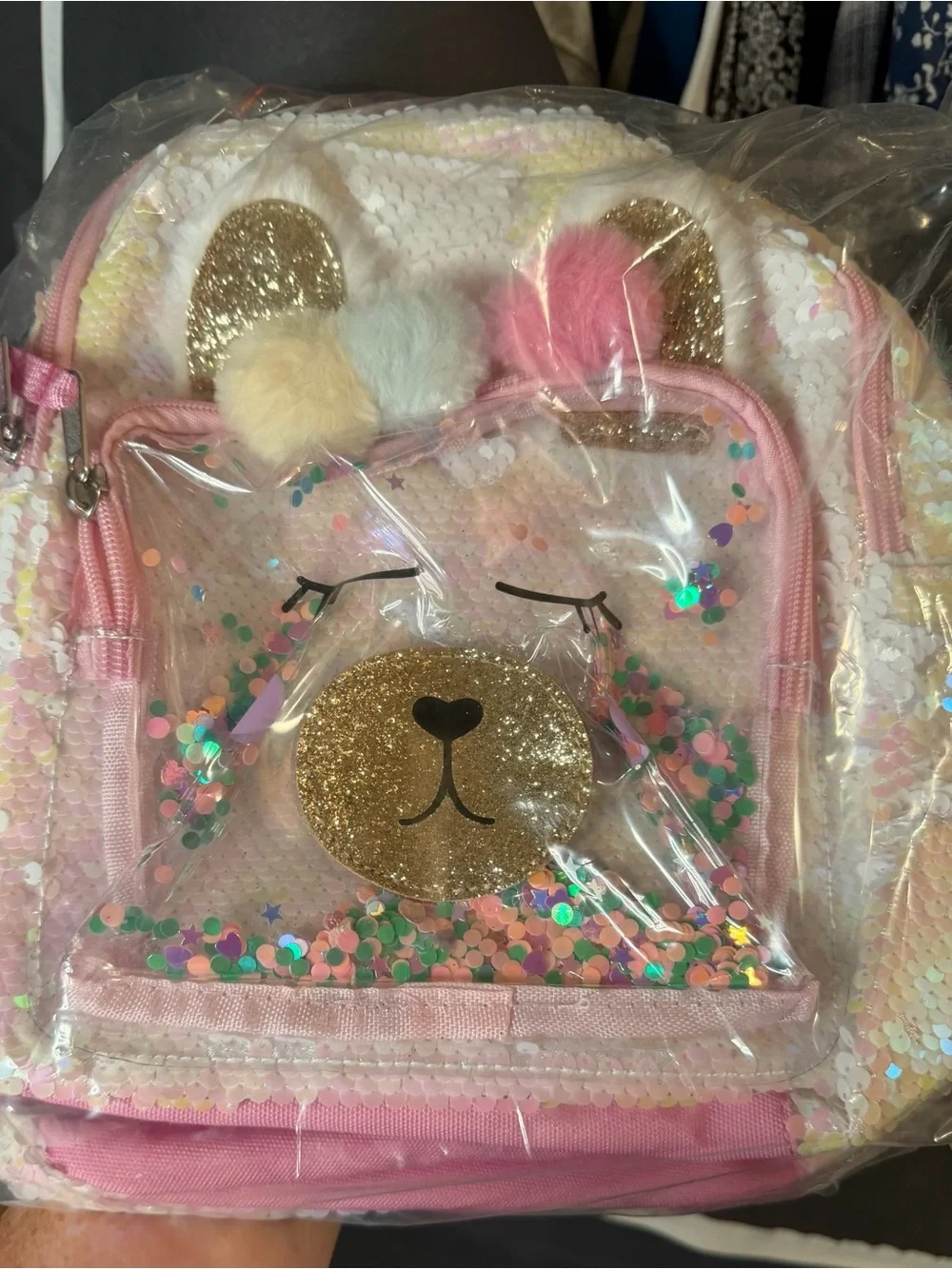 Cat & Jack Pink Sequin Plush Llama Kids Backpack with Pom-Poms